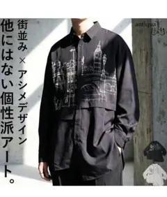 #ユニセックスantiqua 街並みプリント アート長袖シャツ ブラックのサムネイル