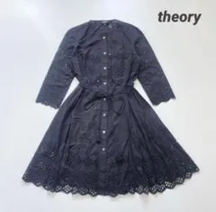 セオリー 麻 リネン ワンピース ブラック ひざ丈 半袖 カットアウト 刺繍 夏 セオリー 麻 リネン ワンピース ブラック ひざ丈 半袖 カットアウト