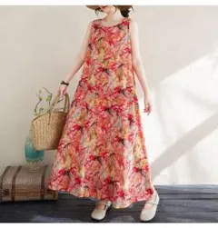 美品 プリントワンピース ロング 体型をカバー スタンドカラー Aライン