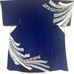 5k2530 着物　単衣　付け下訪問着　紺　青　白　金色　柄物　和装