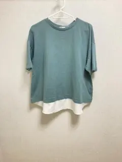 GLACIER レイヤード風半袖Tシャツ グリーン Lサイズ ゆったりのサムネイル