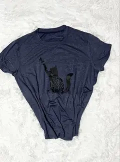 猫　シルエットプリント Tシャツ ネイビー