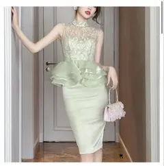 美品ミントグリーン レースタイトドレス