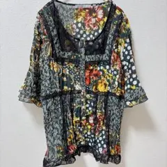 エヌワイコレクション 花柄ブラウス 襟レース 袖フリル 裾レース 花柄 XL