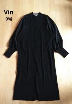 Vin　異素材リブニットワンピース　9号　バックスリット　ブラック