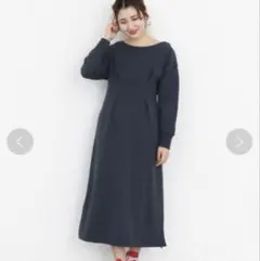 KBF+ ウエストタックスウェットワンピース　フリーサイズ　ネイビー