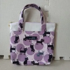 ハンドメイド 外ポケット付きポーチバッグ 猫柄 ピンク/キナリ