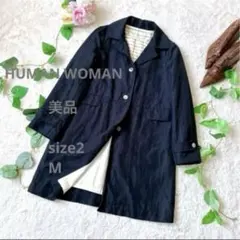 HUMAN WOMAN ウール リネン ステンカラーコート M ネイビー