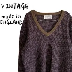 SABRE ヴィンテージ デザインニット vネック 古着 カーキ 総柄