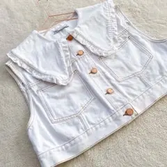 ZARA クロップド ウエストコート ピーターパンカラー ホワイト デニムベスト