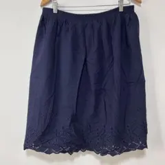 大きめ 美品 ゆったりearth アース 裾刺繍コットンスカート ネイビー 紺