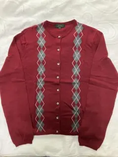 AT-EASE クルーネックカーディガン　ボルドー アーガイル柄　L