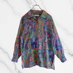 総柄デザインシャツブラウス綿コットン100%透け感花柄フラワーヴィンテージ古着