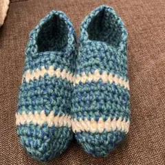 ルーム靴下 毛糸 手編み ハンドメイド 23〜25cm グリーン×クリームライン