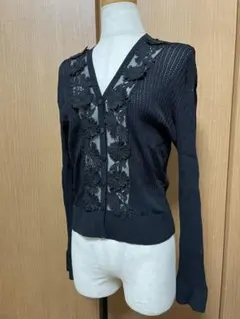 美品】アナイ 立体フラワーレースVネックカーディガン ブラック 38