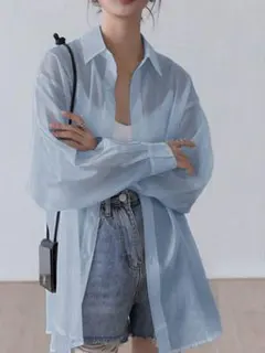 シアーシャツ　ブルー　トップス　透け感