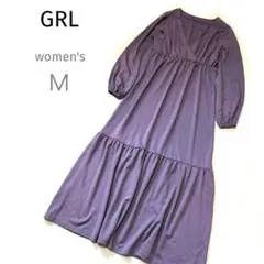 グレイルGRLパープル紫Vネック 長袖 ロングワンピースカットソーレディースＭ