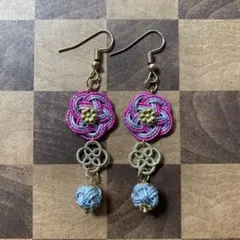 水引きピアス　シルバー×ゴールド×ピンク