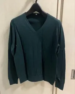 無印良品★Vネック長袖ニット★ダークグリーン★L