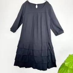 ティアードチュニックワンピース　五分袖　無地　シンプル　ブラック　M