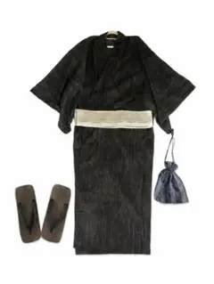 【美品】撫松庵 婦人 浴衣 ブラック グレー リーフ柄 洗える ゆかた 単品 ⑥ 美品】撫松庵 婦人 浴衣 ブラック グレー リーフ柄 洗える ゆかた 単品
