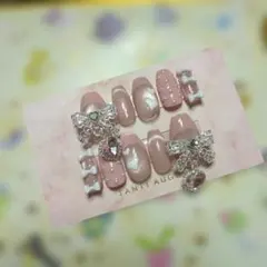 ジェルネイルチップ　量産型　ピンク　マグネット　リボン　ハート　フレンチ