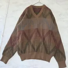 ニットセーター幾何学模様 日本製90s vintage毛100Vネック 総柄 茶