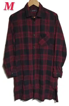 ナノユニバース♦️ロング丈チェックネルシャツ♦️赤黒チェックM♦送料込♦古着