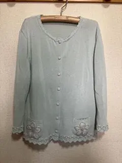 MAGGY 銀座マギー カーディガン ニット レース編み 花刺繍 綿混 薄緑のサムネイル