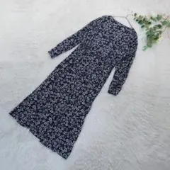 ドアーズ 長袖 シャツワンピース(F)ネイビー花柄ホワイト レーヨン フェミニン