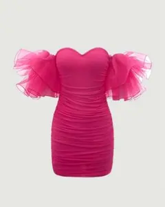 オフショルダー フリル袖ミニワンピ