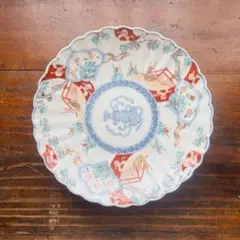 骨董皿　伊万里焼 赤色絵輪花皿 波千鳥鹿文　シカ　ちどり　陶磁器