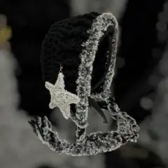 星付きボンネット　ヘッドドレス　バラクラバ　ブラック＆グレー　グランジ　ファー②