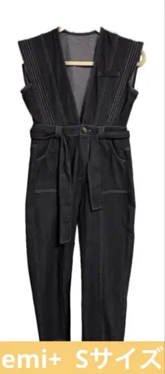 emi+ 　デニム ノースリーブ オールインワン S ブラック 黒 サロペット