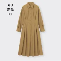 GU 長袖　ブラウン　ウエストタックシャツワンピース　新品　コットン　XL