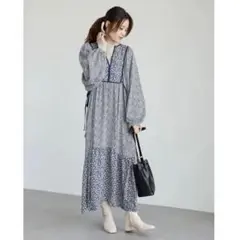 SUGAR SPOON フラワーptパネルワンピース 花柄長袖ロングワンピース青