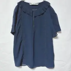ZARA ザラ フリル付き プリーツ ネイビー シャツ シースルー XS