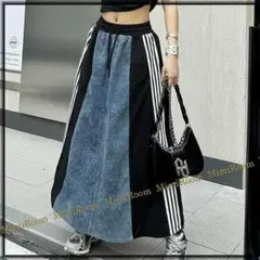 【W/72～100】トールサイズ　異素材切替＆4本ライン　マキシ丈デニムSK/黒