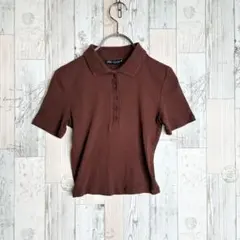 美品　ザラ　レディース半袖リブニット　ブラウン　ショート丈　Sのサムネイル