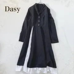 デイジー ロングワンピース（M）バイカラー フレア 長袖 ブラック×ホワイト