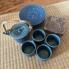 藍色 陶器 ティーセット 土瓶 湯呑み プレート 茶托 4人セット