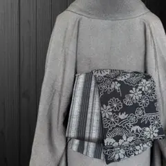 着物反物* 茶紫絞り小紋と格子柄紬 大人の兵児帯 半幅帯 長尺475cm