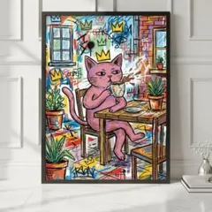 コーヒーを飲む猫のストリートアートポスター　グラフィック　A4