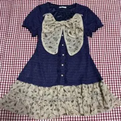 美品　axesfemmeアクシーズ ビッグリボン付きネイビー半袖ミニワンピース