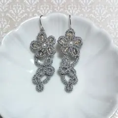 タティングレース モチーフピアスE お花と葉っぱ シルバー✕ピンク