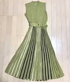 【美品】RADYAZEL 配色プリーツニットワンピース ベルト付き ⁠緑