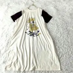 天月STELLAR プリント ラグランスリーブバイカラー半袖ロングワンピース F