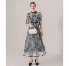 LEJA パイピングハイネック花柄ラメレースワンピースドレス