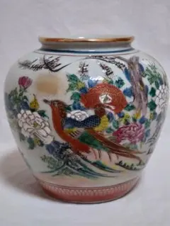 昭和レトロ　九谷焼　色絵　花鳥図　花瓶　 手描き絵付