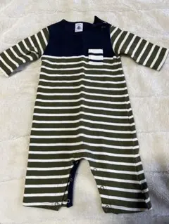 プチバトー　ロンパース・カバーオール オリーブグリーンストライプ
